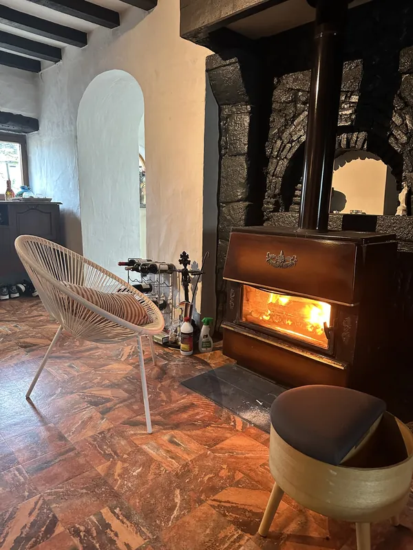 The wood-burning fireplace