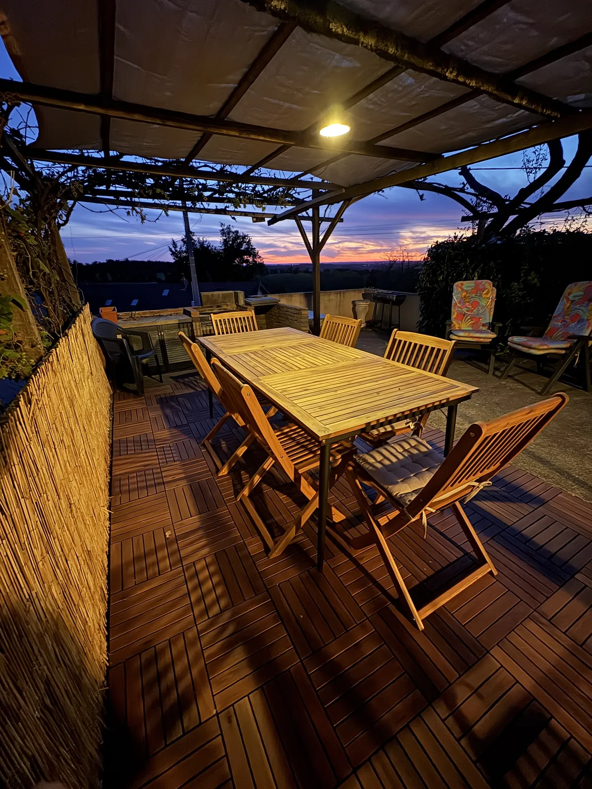 Covered outdoor dining terrace under the grapevines